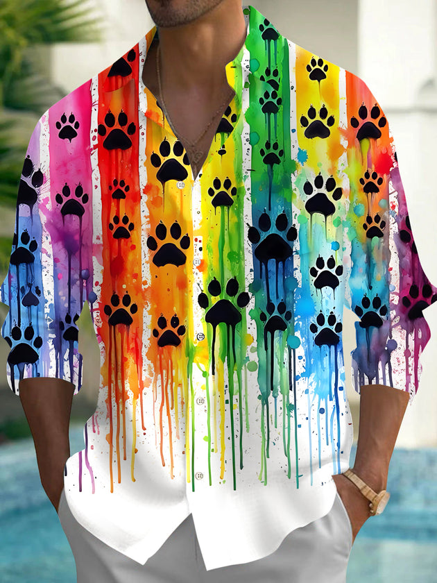 Colorful Gradient Paw Print Men's Pocket Long Sleeve Shirts