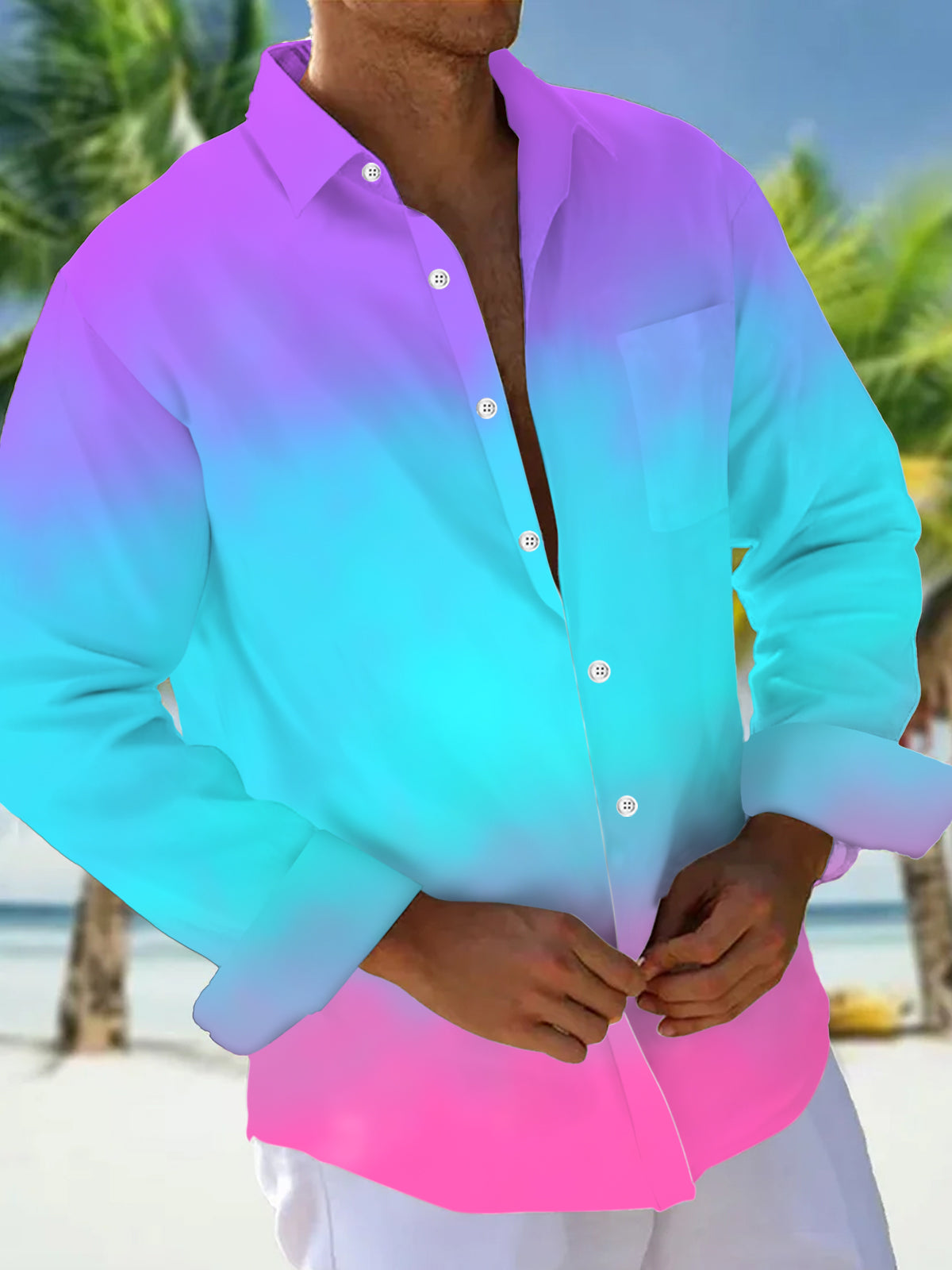 Gradient Print Men's Pocket Long Sleeve Shirts