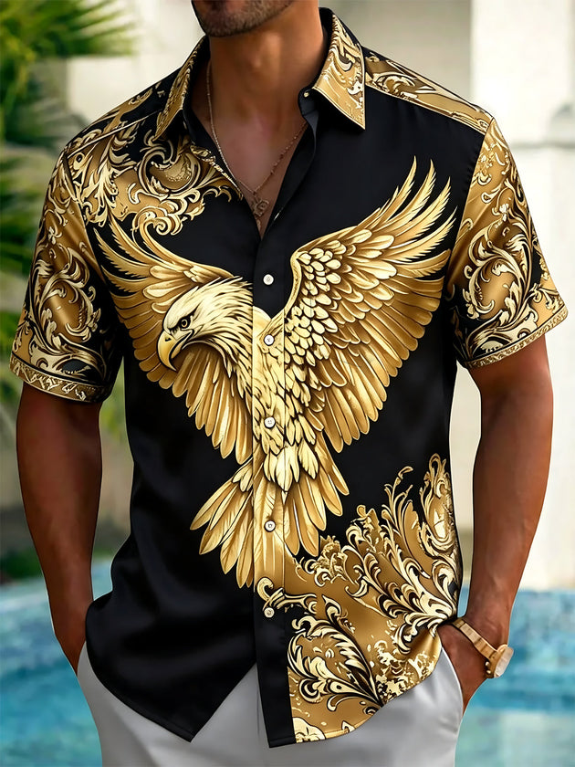 Baroque Gold Eagle Print Men's Pocket Short Sleeve Shirts