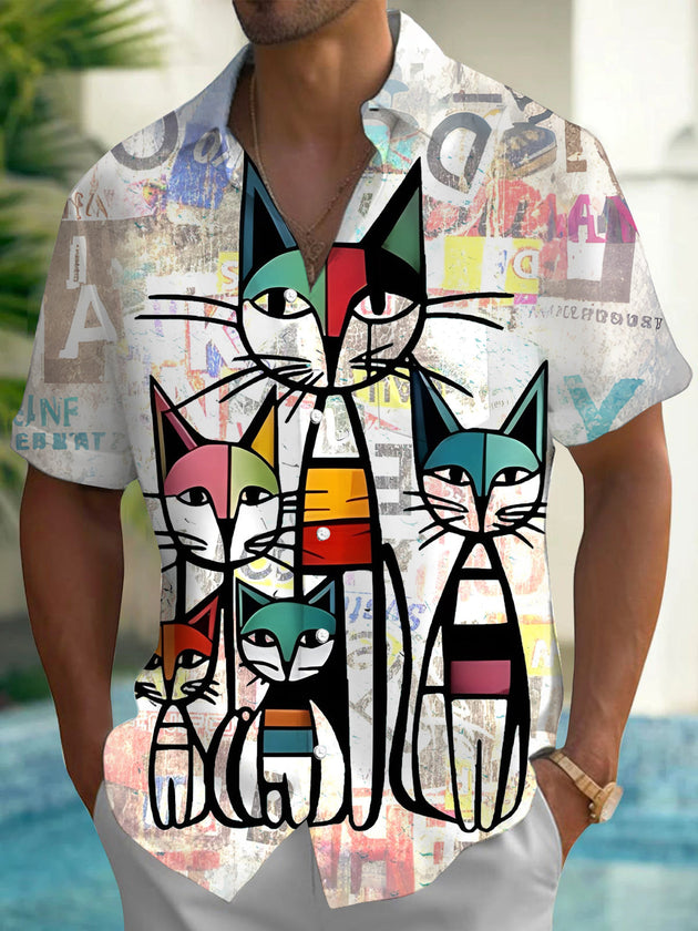 Cat Print Men's Pocket Short Sleeve Shirts