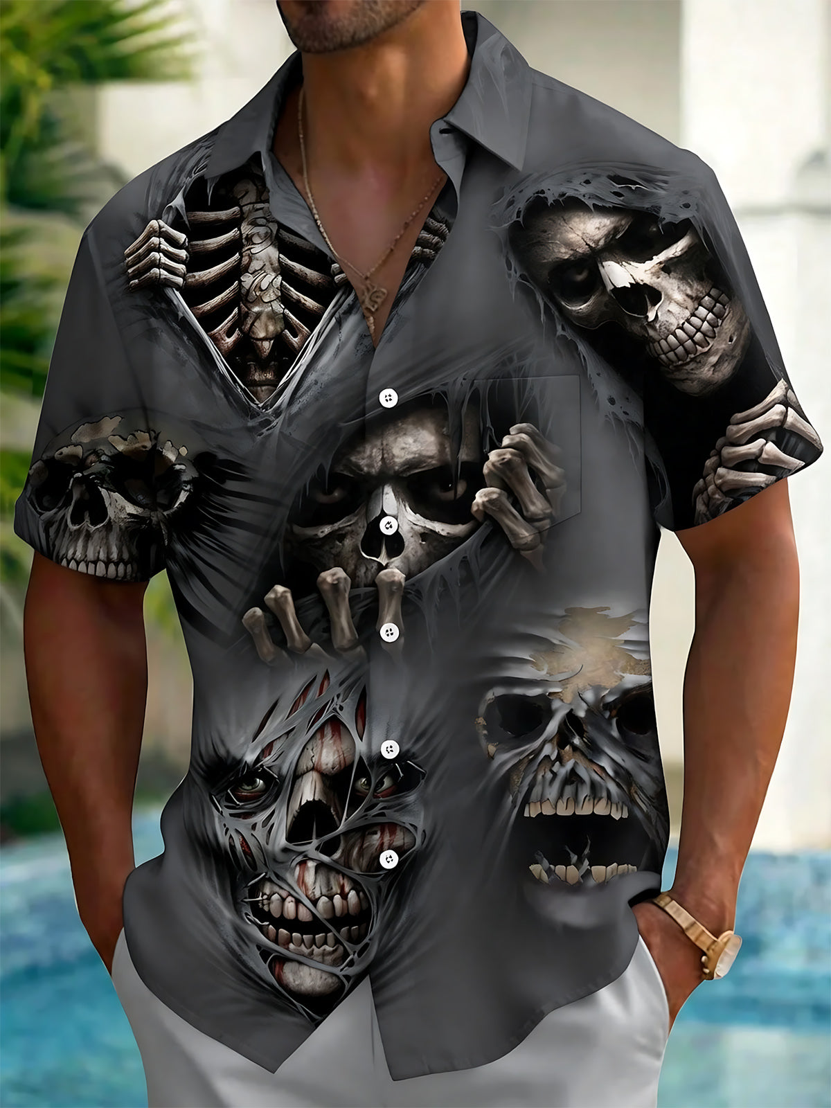 Dark Skull Print Men's Pocket Short Sleeve Shirts