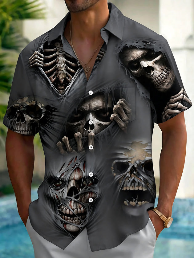 Dark Skull Print Men's Pocket Short Sleeve Shirts