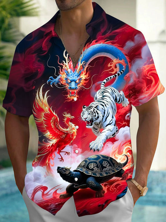 Dragon Tiger Print Men's Pocket Short Sleeve Shirts