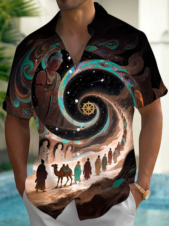 Religious Buddha Print Men's Pocket Short Sleeve Shirts