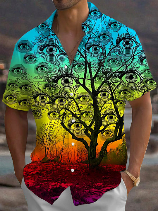 Colorful Eye Tree Print Men's Pocket Short Sleeve Shirts