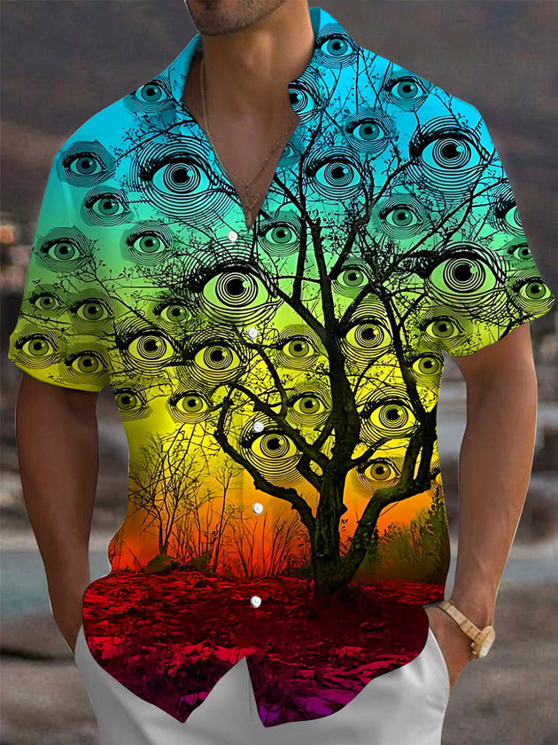 Colorful Eye Tree Print Men's Pocket Short Sleeve Shirts
