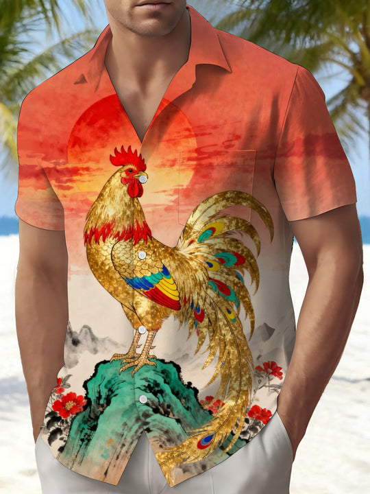 Rooster Print Men's Pocket Short Sleeve Shirts