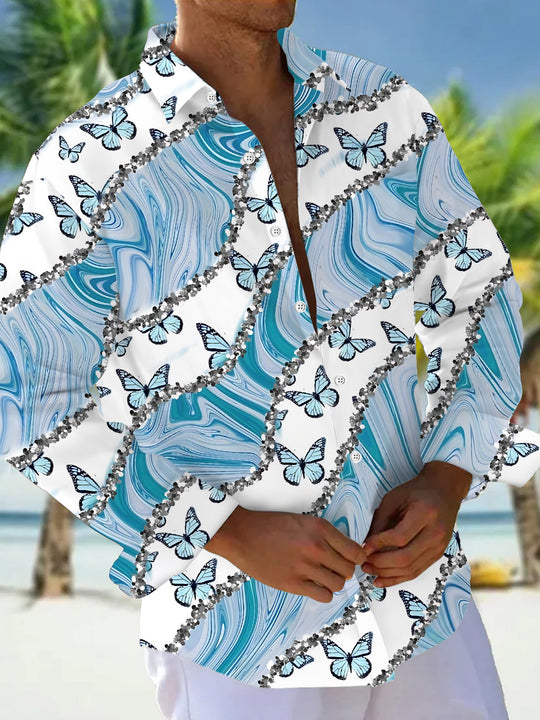 Butterfly Print Men's Pocket Long Sleeve Shirts
