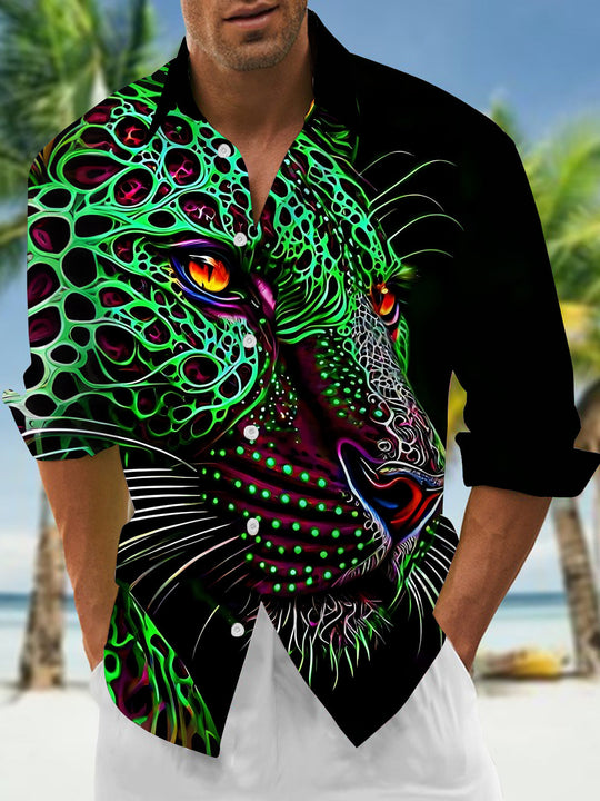 Neon Leopard Print Men's Pocket Long Sleeve Shirts