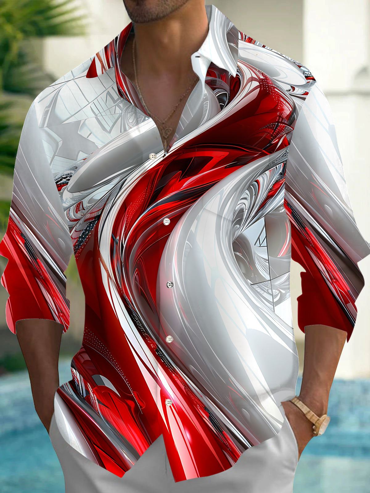 Abstract Print Men's Pocket Long Sleeve Shirts