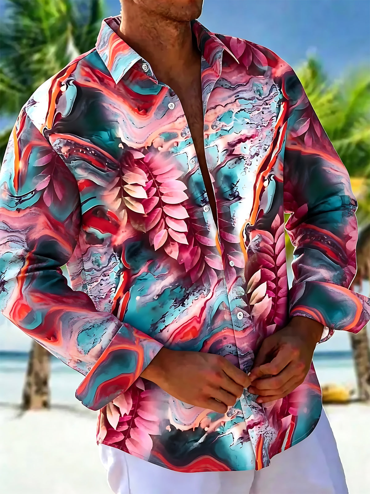 Abstract Leaf Print Men's Pocket Long Sleeve Shirts