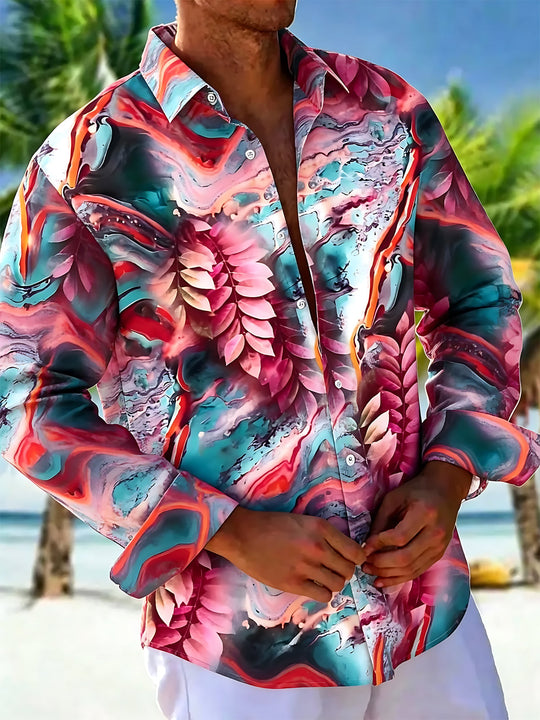 Abstract Leaf Print Men's Pocket Long Sleeve Shirts