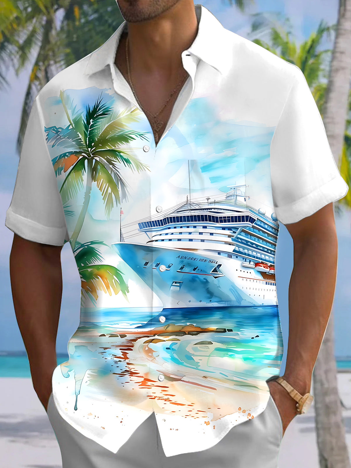 Watercolor Cruise Palm Tree Print Men's Pocket Short Sleeve Shirts