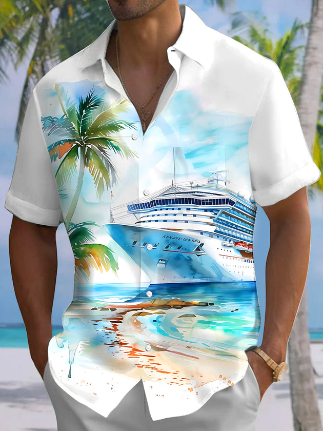 Watercolor Cruise Palm Tree Print Men's Pocket Short Sleeve Shirts