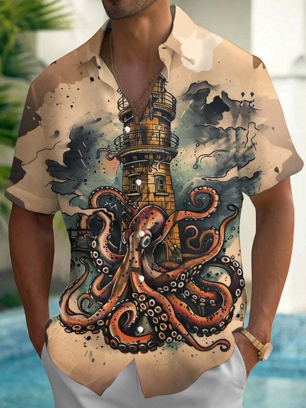 Vintage Lighthouse Octopus Print Men's Pocket Short Sleeve Shirts
