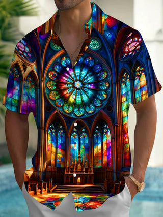 Adaychic Men's Graphic Stained Glass Church Print Short Sleeve Button Down Shirt with Chest Pocket