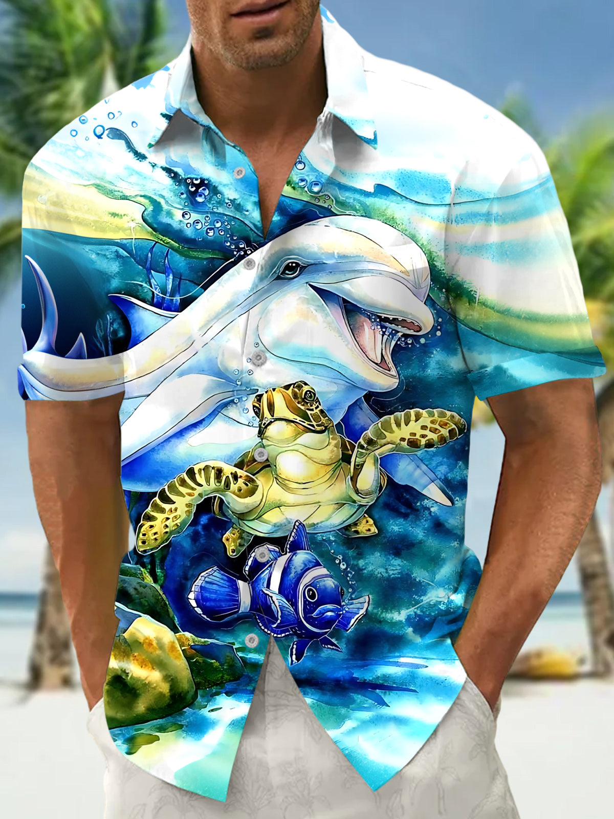 Marine Life Dolphin Turtle Fish Print Men's Pocket Short Sleeve Shirts