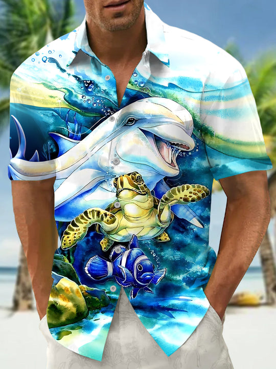 Marine Life Dolphin Turtle Fish Print Men's Pocket Short Sleeve Shirts