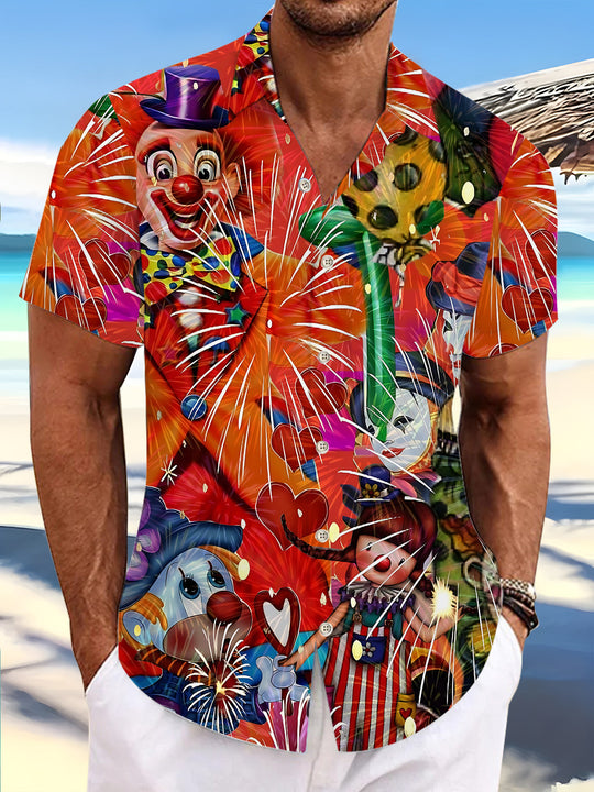 Cartoon Circus Clown Print Men's Pocket Short Sleeve Shirts