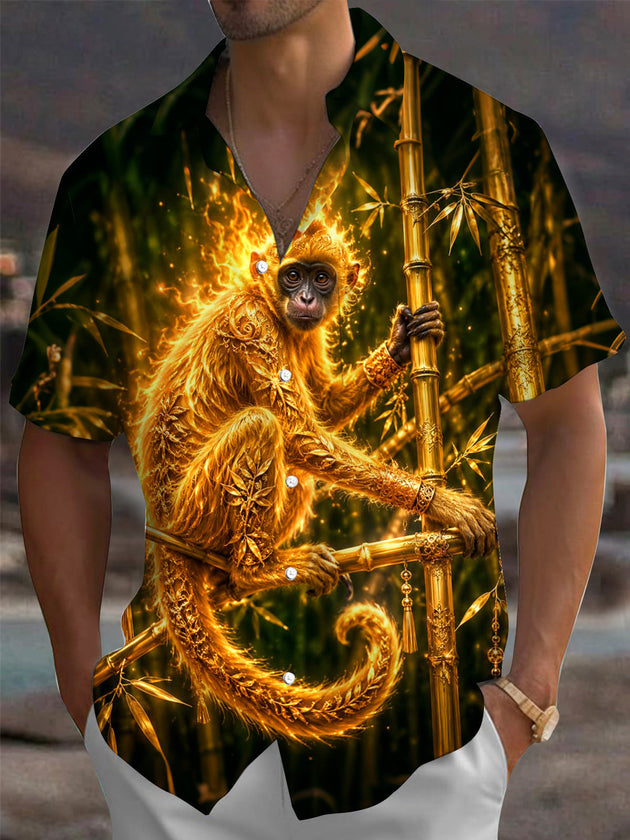 Bamboo Forest Gilded Monkey Print Men's Pocket Short Sleeve Shirts