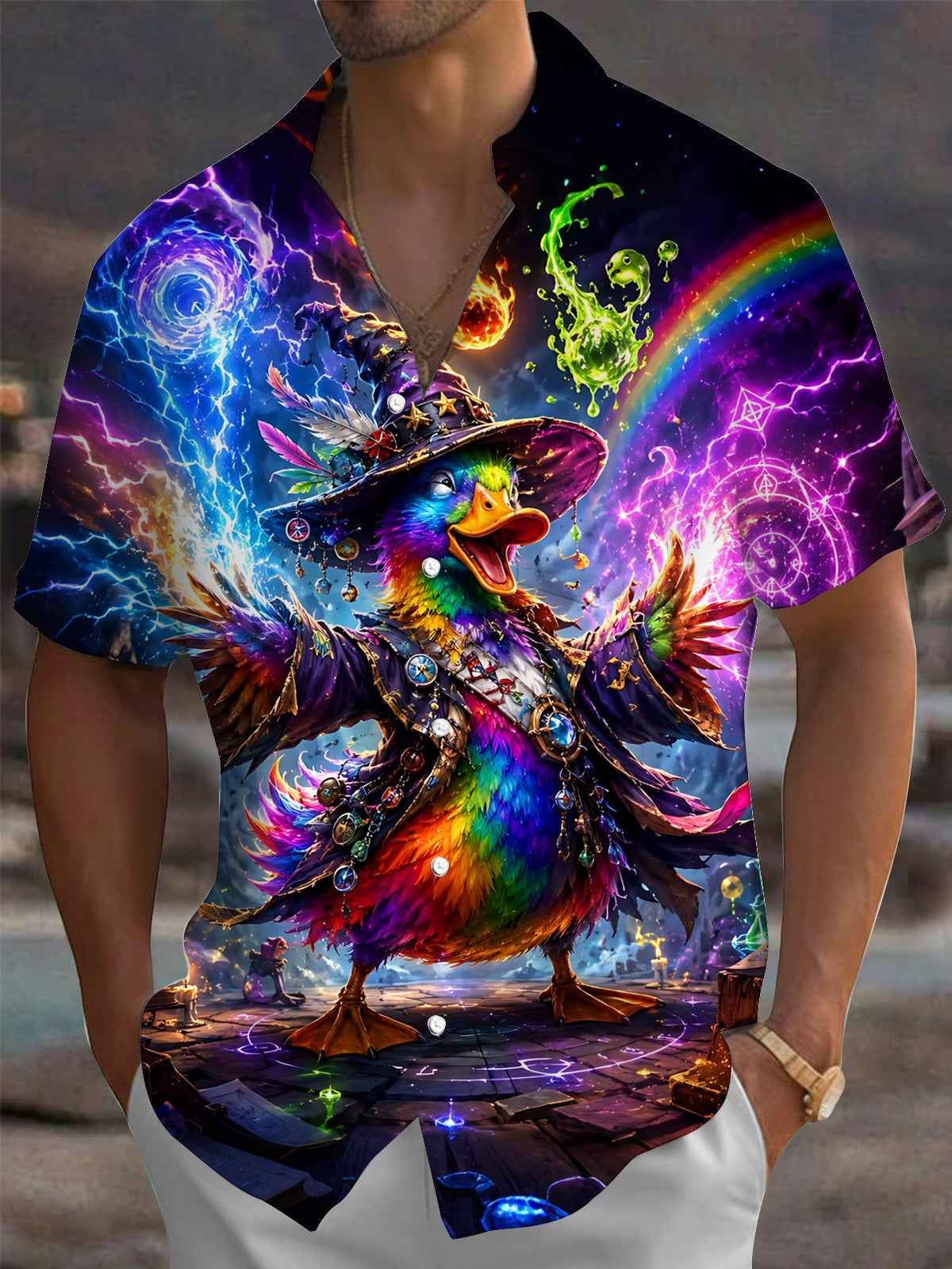 Colorful Duck Print Men's Pocket Short Sleeve Shirts