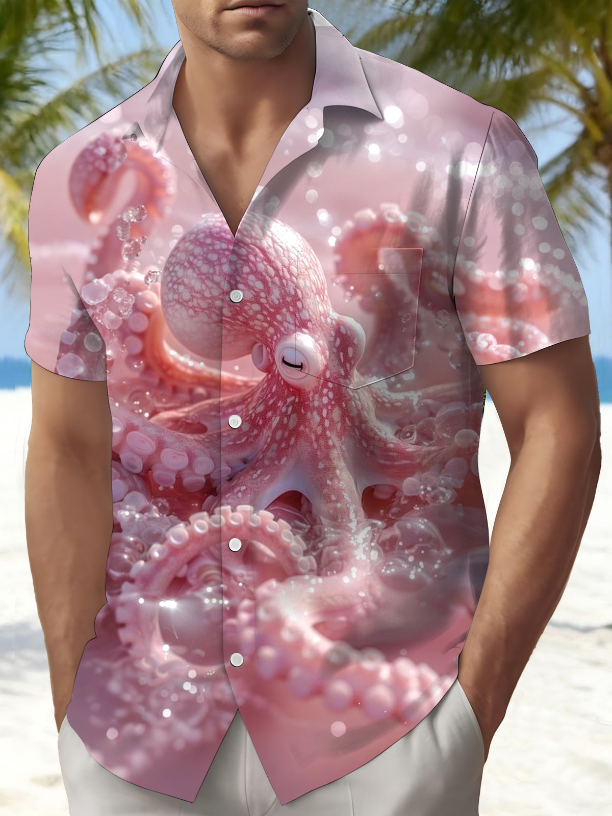 Pink Octopus Print Men's Pocket Short Sleeve Shirts