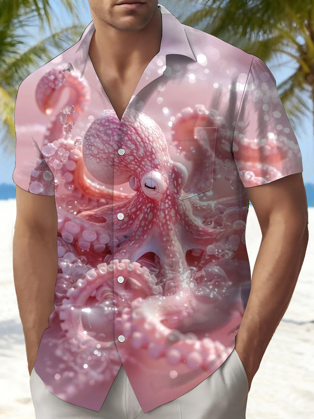 Pink Octopus Print Men's Pocket Short Sleeve Shirts