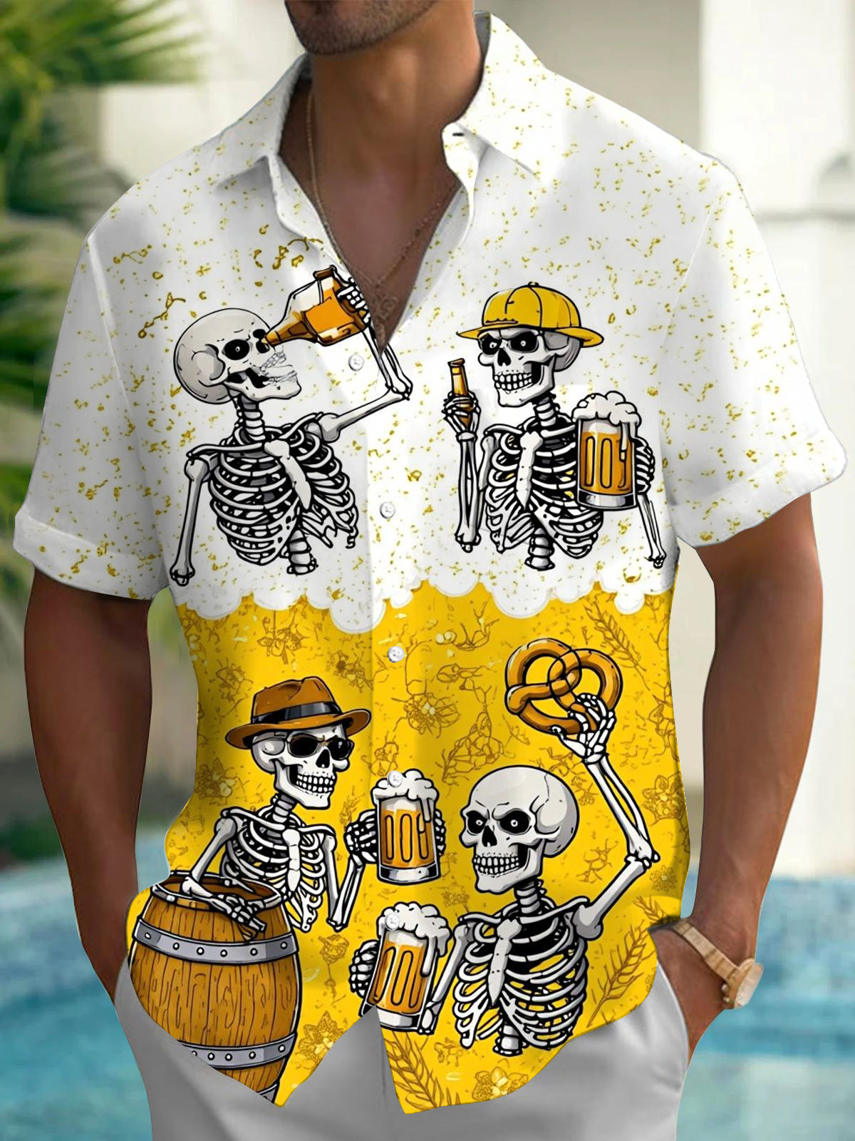 Beer Skull Print Men's Pocket Short Sleeve Shirts
