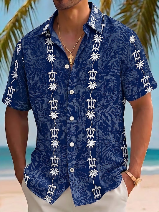 Turtle Palm Tree Print Men's Pocket Short Sleeve Shirts