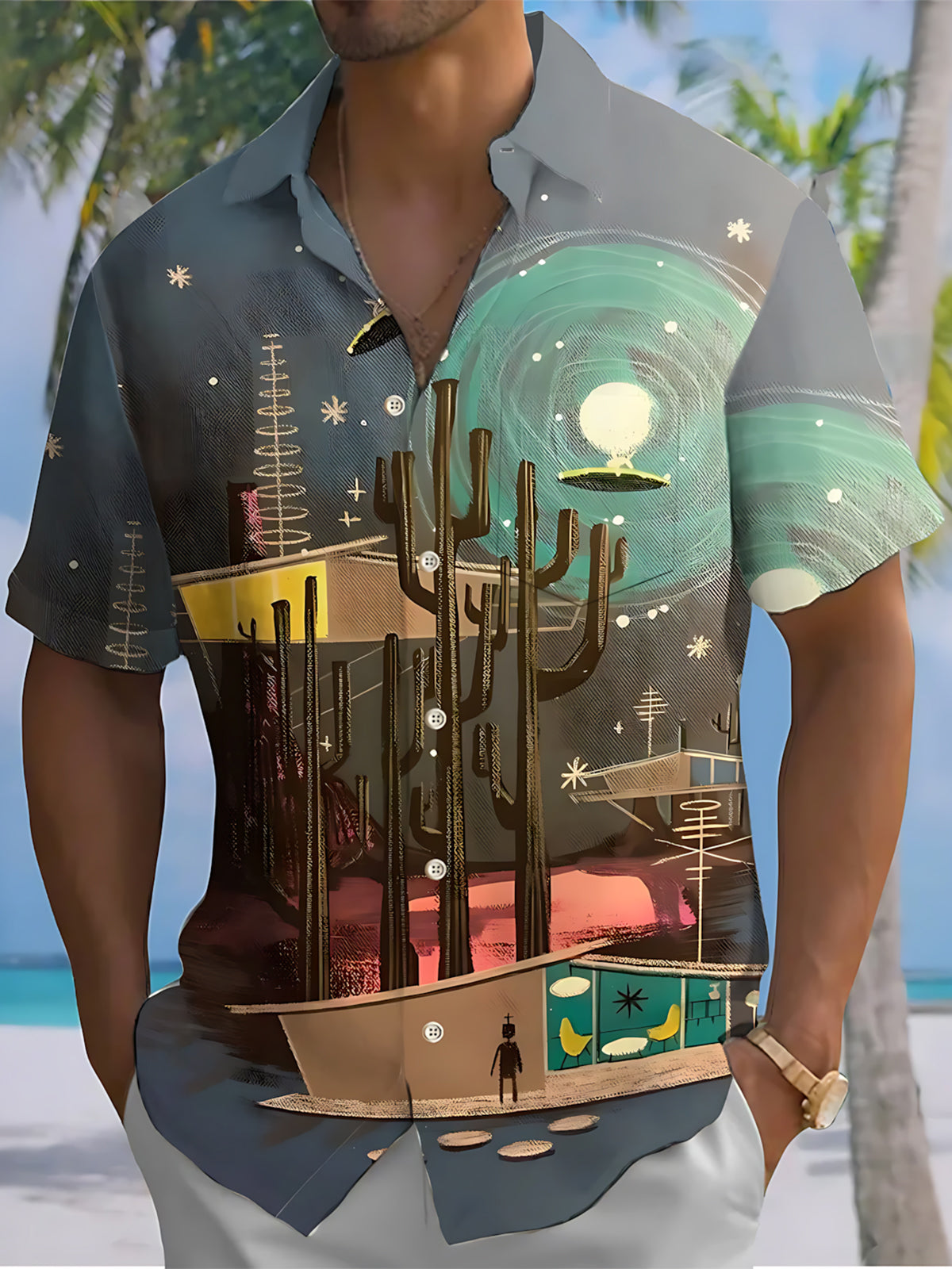 Vintage Cactus Starry Sky Print Men's Pocket Short Sleeve Shirts