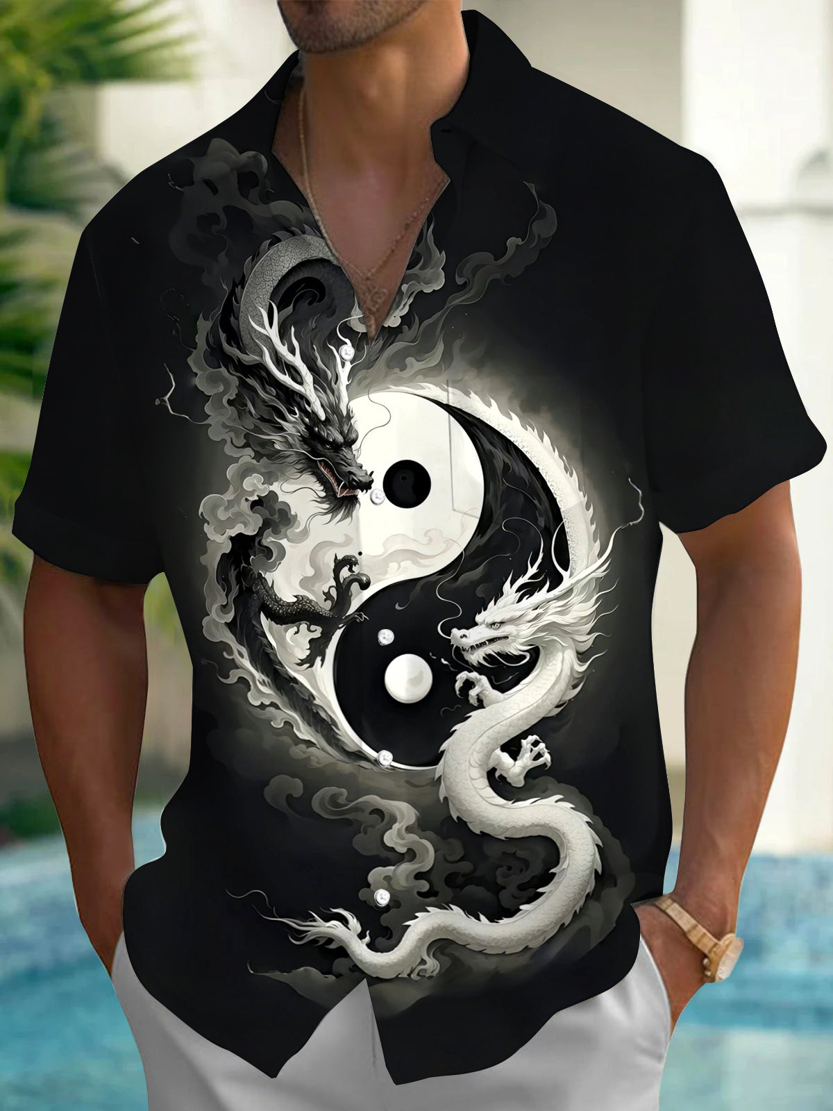 Tai Chi Dragon Print Men's Pocket Short Sleeve Shirts