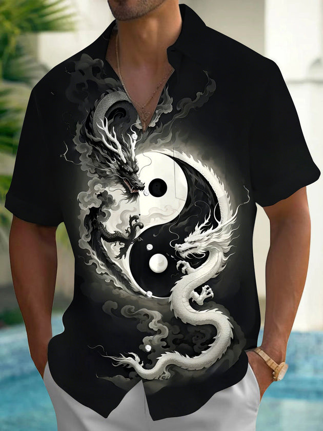 Tai Chi Dragon Print Men's Pocket Short Sleeve Shirts