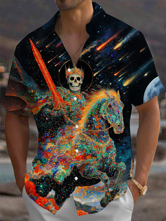 Starry Sky Skull Knight Warhorse Print Men's Pocket Short Sleeve Shirts