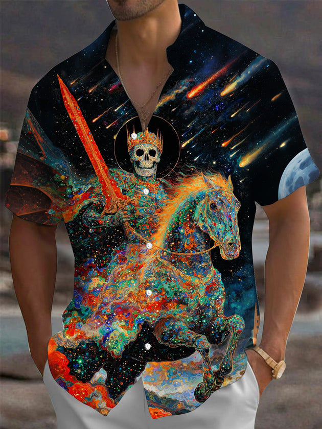 Starry Sky Skull Knight Warhorse Print Men's Pocket Short Sleeve Shirts