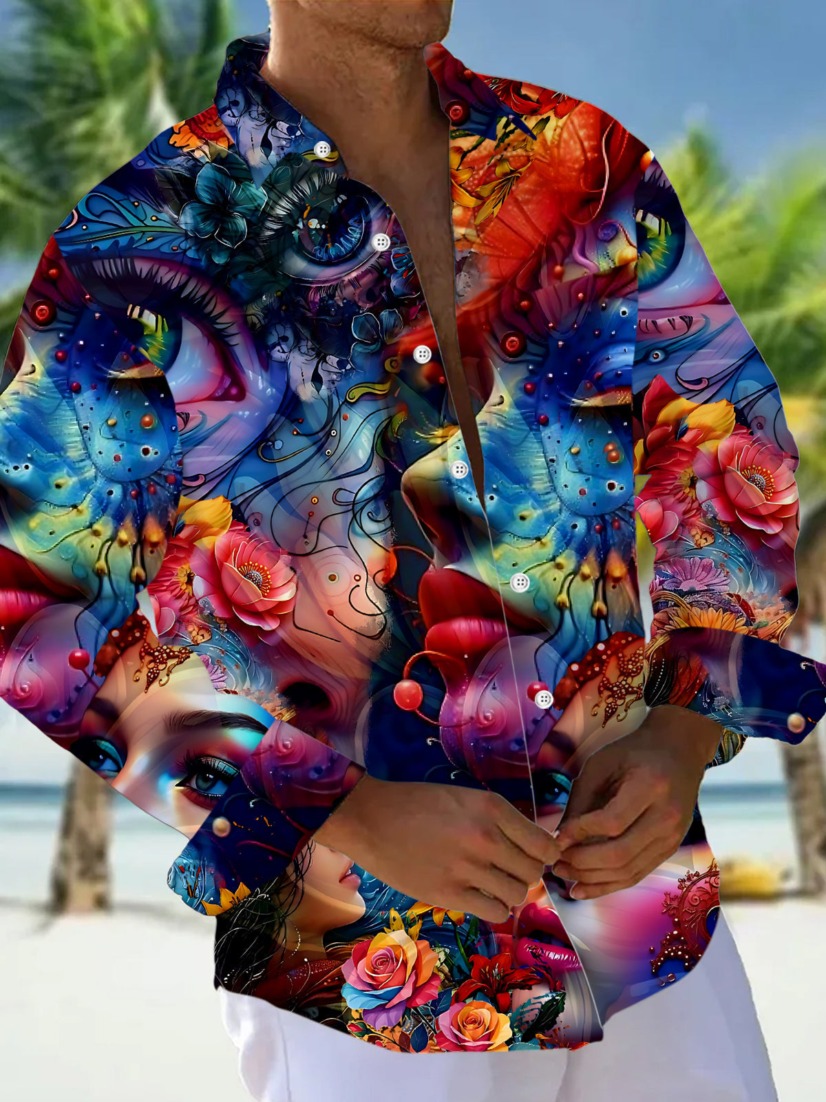 Abstract Face Flower Art Print Men's Pocket Long Sleeve Shirts