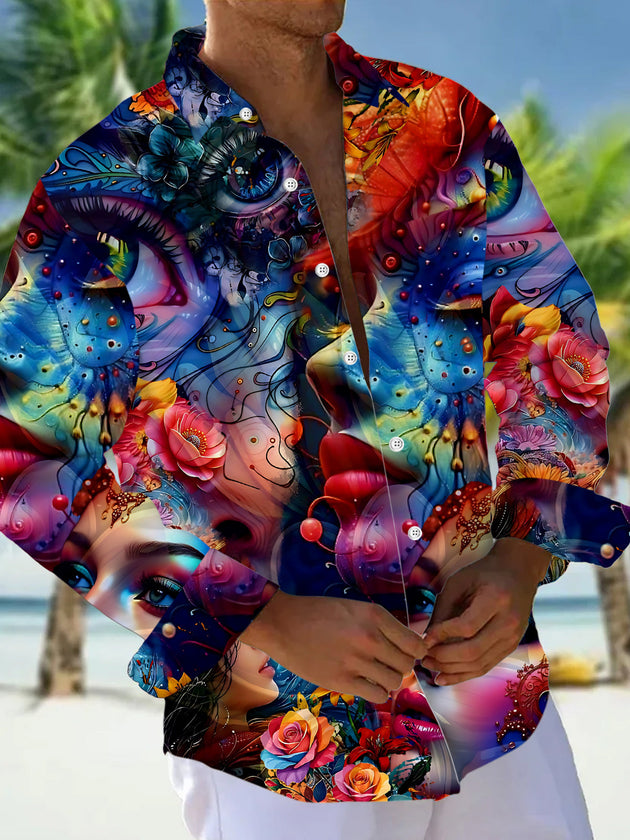 Abstract Face Flower Art Print Men's Pocket Long Sleeve Shirts