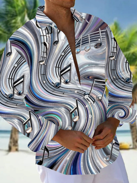 Musical Note Abstract Print Men's Pocket Long Sleeve Shirts