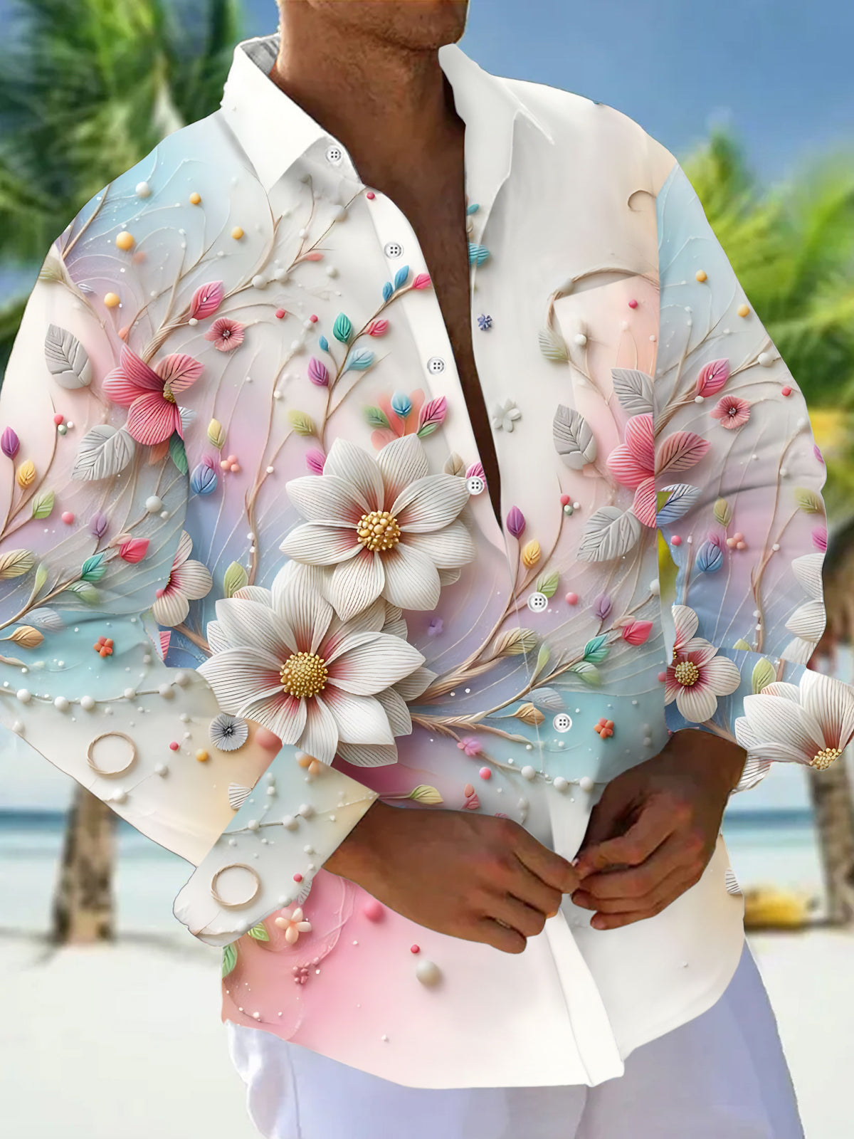 Gradient Floral Print Men's Pocket Long Sleeve Shirts