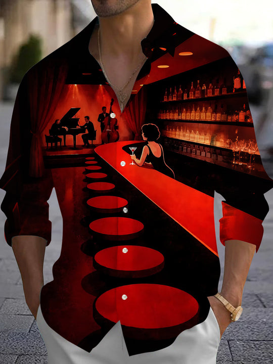 Vintage Jazz Bar Print Men's Pocket Long Sleeve Shirts