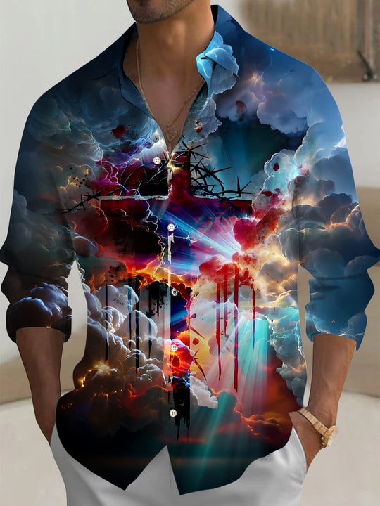 Cross Cloud Print Men's Pocket Long Sleeve Shirts