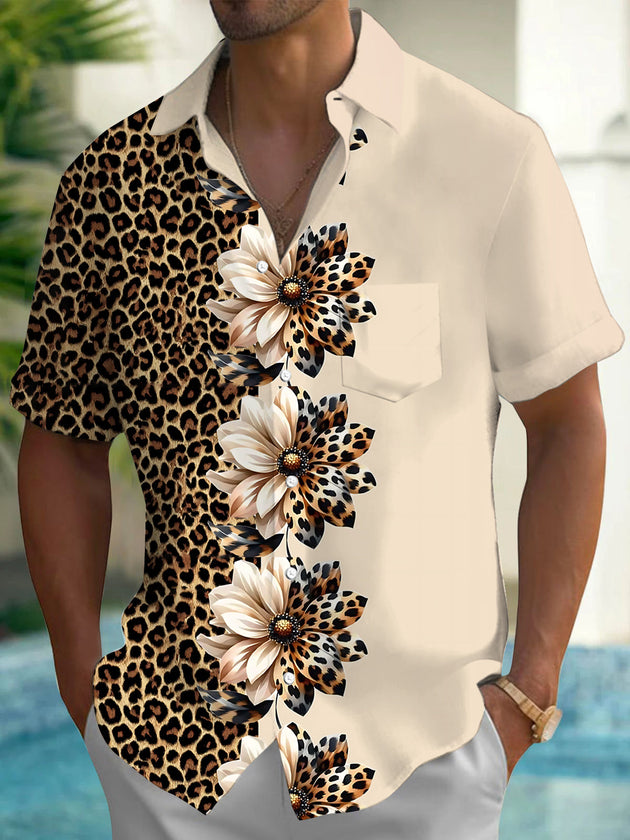 Leopard Floral Print Men's Pocket Short Sleeve Shirts