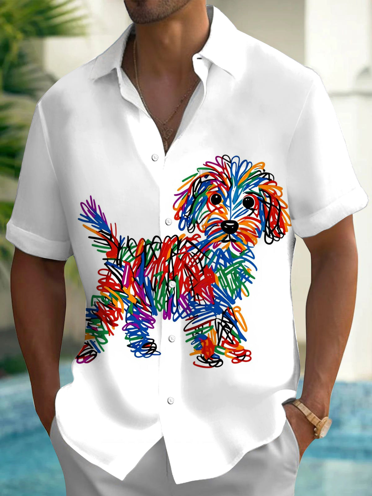 Colorful Graffiti Line Puppy Print Men's Pocket Short Sleeve Shirts