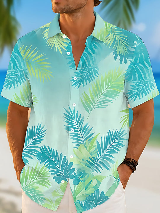 Gradient Leaf Print Men's Pocket Short Sleeve Shirts
