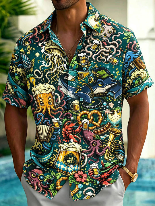 Marine Life Beer Art Print Men's Pocket Short Sleeve Shirts