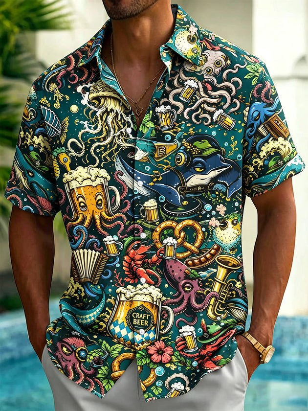 Marine Life Beer Art Print Men's Pocket Short Sleeve Shirts