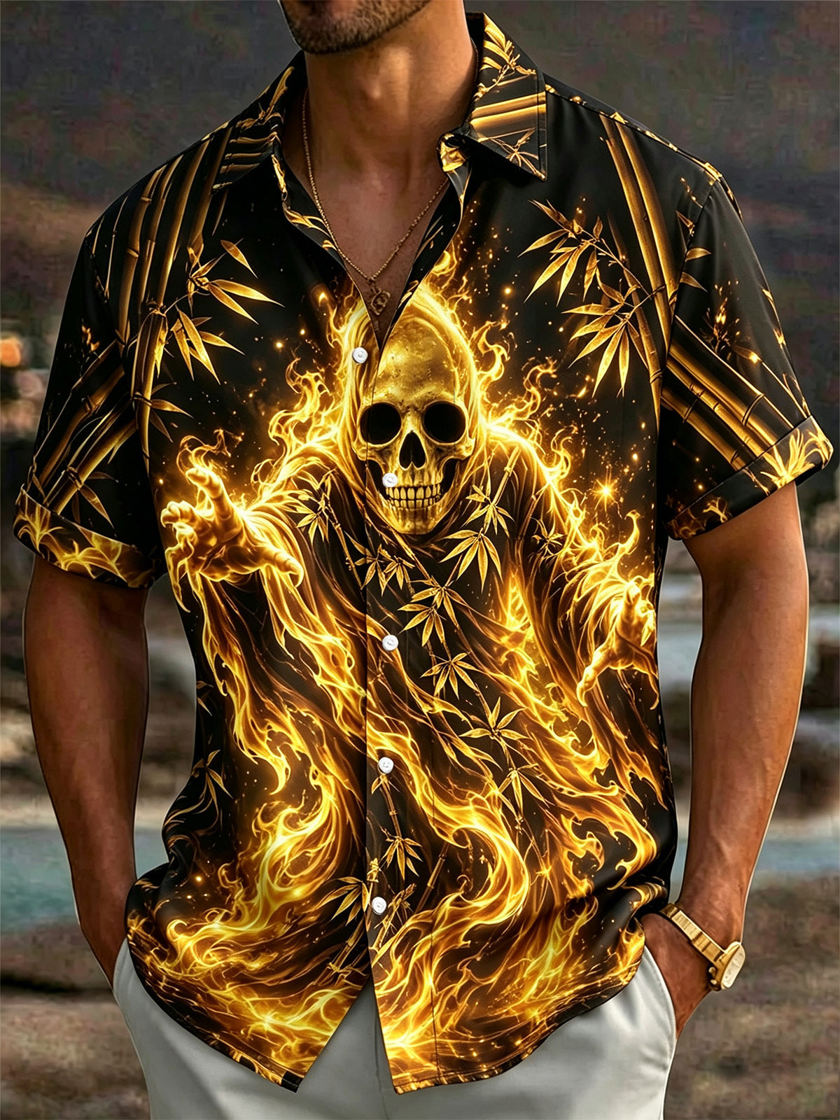 Flame Skull Bamboo Print Men's Pocket Short Sleeve Shirts
