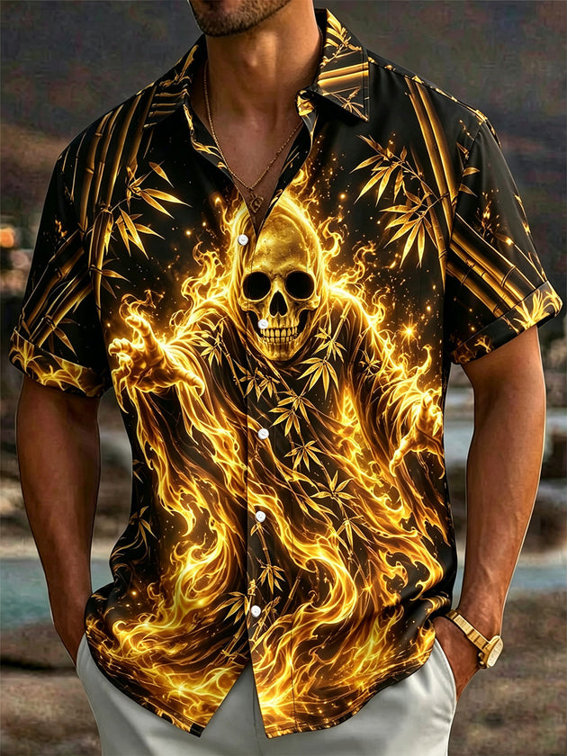 Flame Skull Bamboo Print Men's Pocket Short Sleeve Shirts