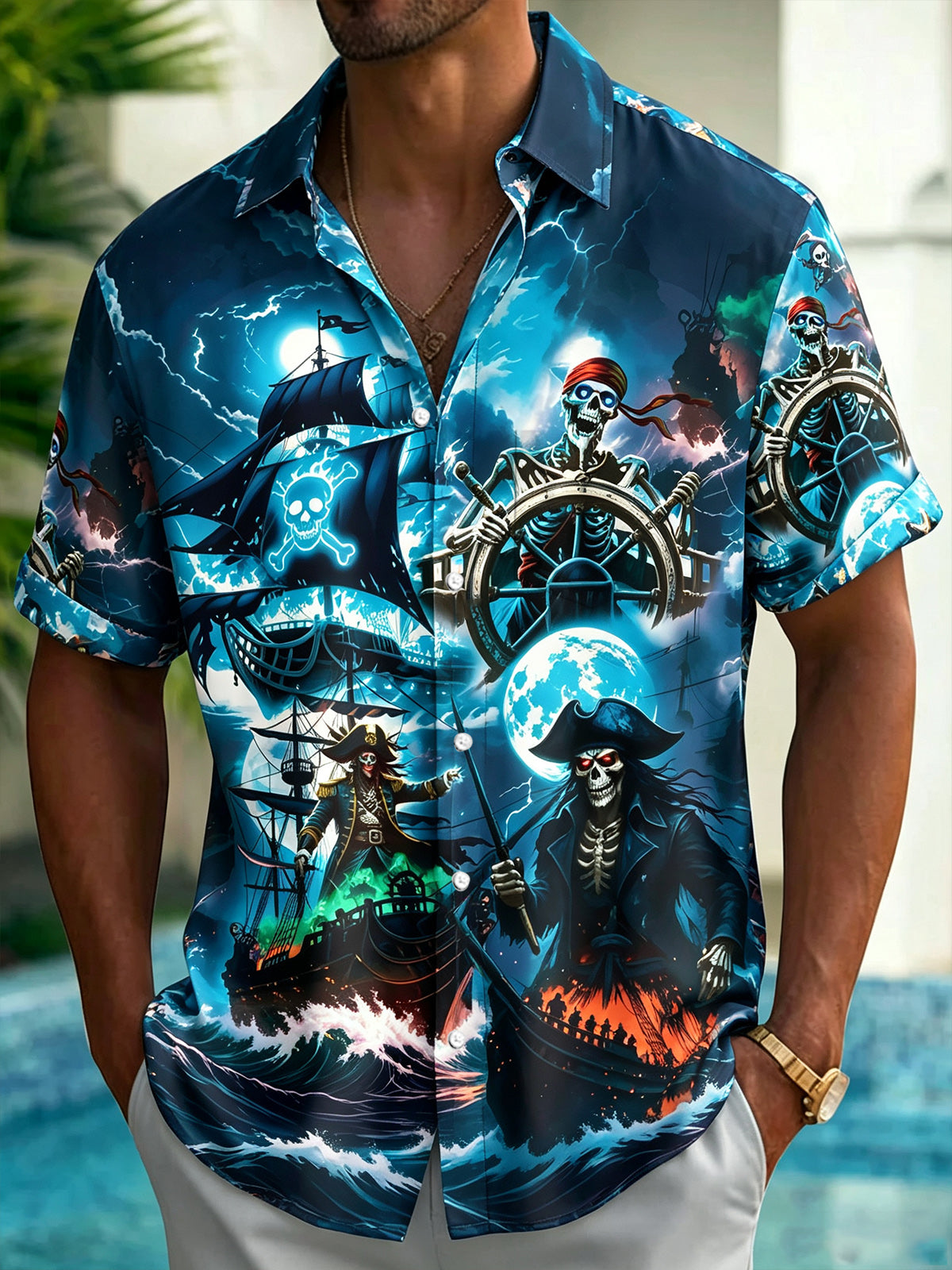 Skull Pirate Sailboat Print Men's Pocket Short Sleeve Shirts