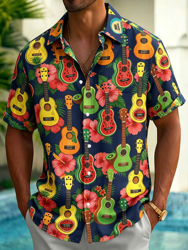 Ukulele Fruit Hibiscus Print Men's Pocket Short Sleeve Shirts