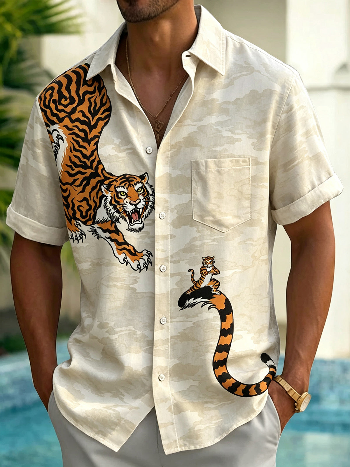 Tiger Print Men's Pocket Short Sleeve Shirts